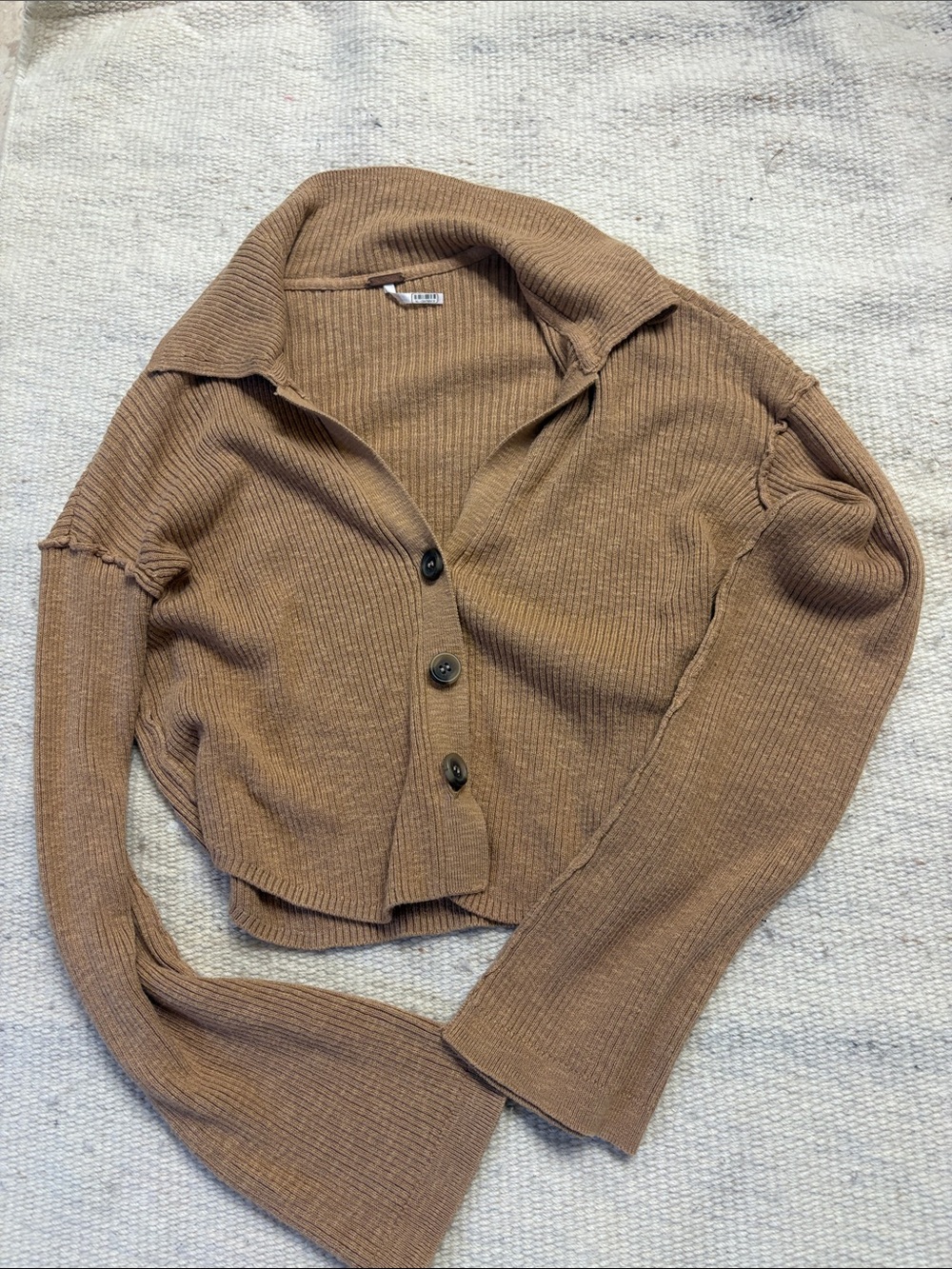Free People Ribbed Knit Button-Up Cardigan in Camel